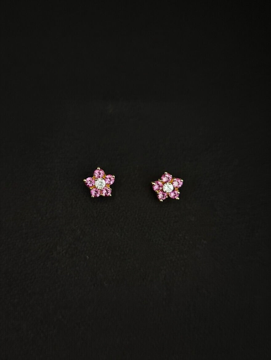 14KT Flower CZ Stud Earrings w/ Screw Back (Pink)