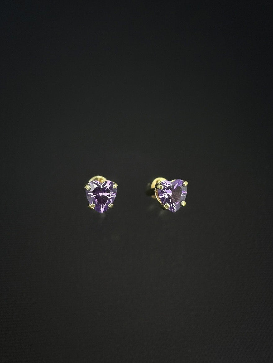 14KT 4mm Purple Heart Shape CZ Stud Earrings (Screw Back)