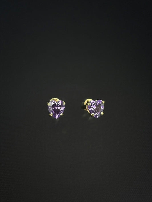 14KT 4mm Purple Heart Shape CZ Stud Earrings (Screw Back)