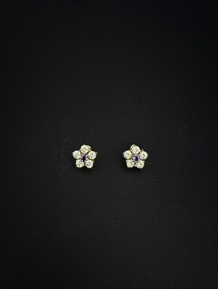 14KT Flower CZ Stud Earrings w/ Screw Back (Purple Center)