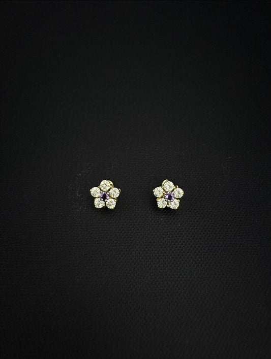 14KT Flower CZ Stud Earrings w/ Screw Back (Purple Center)
