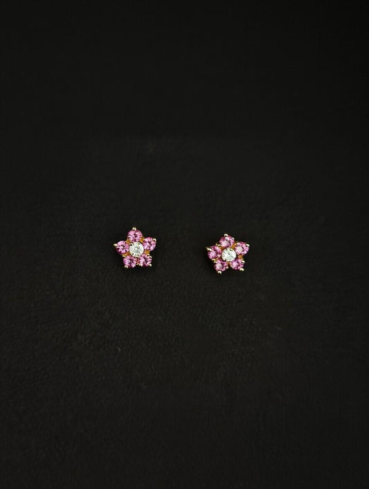 14KT Flower CZ Stud Earrings w/ Screw Back (Pink)